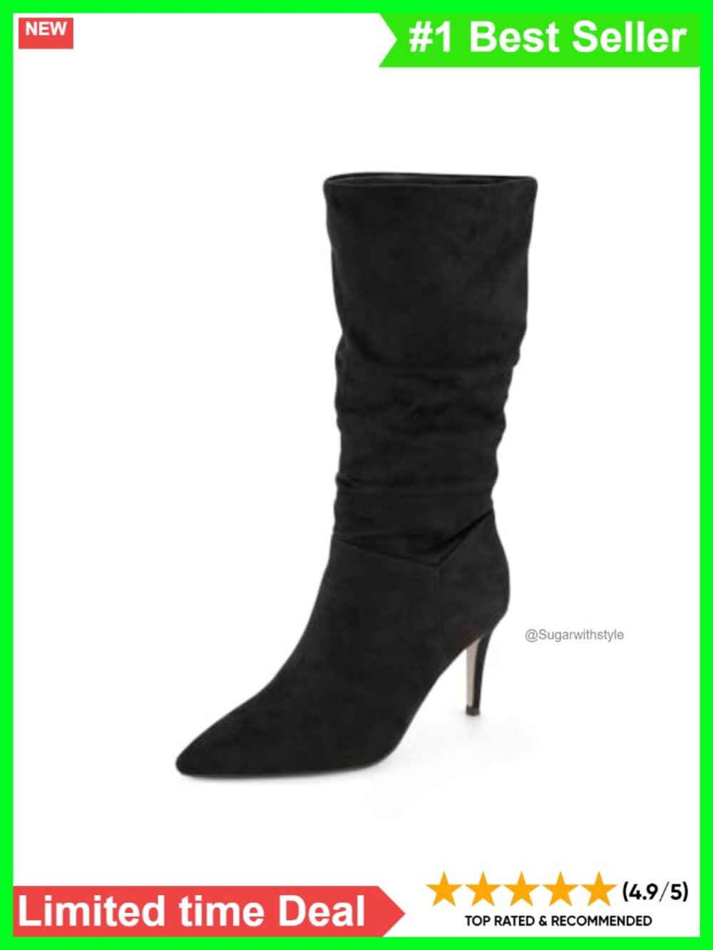 Vegan Suede Scrunch Mid-Calf Boot Pointed Toe Memory Foam 3-Inch Heel